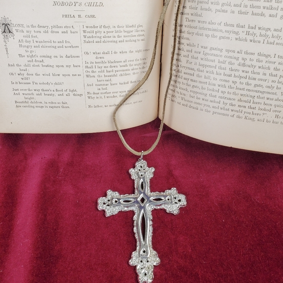 Boho Cross 30" rawhide ornate necklace religious - Picture 2 of 5